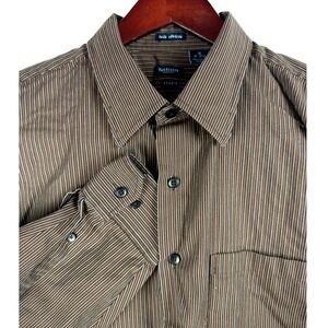 Van Heusen Studio Mens XL Brown Stripe No Iron Button Down Dress Shirt Cotton‎
